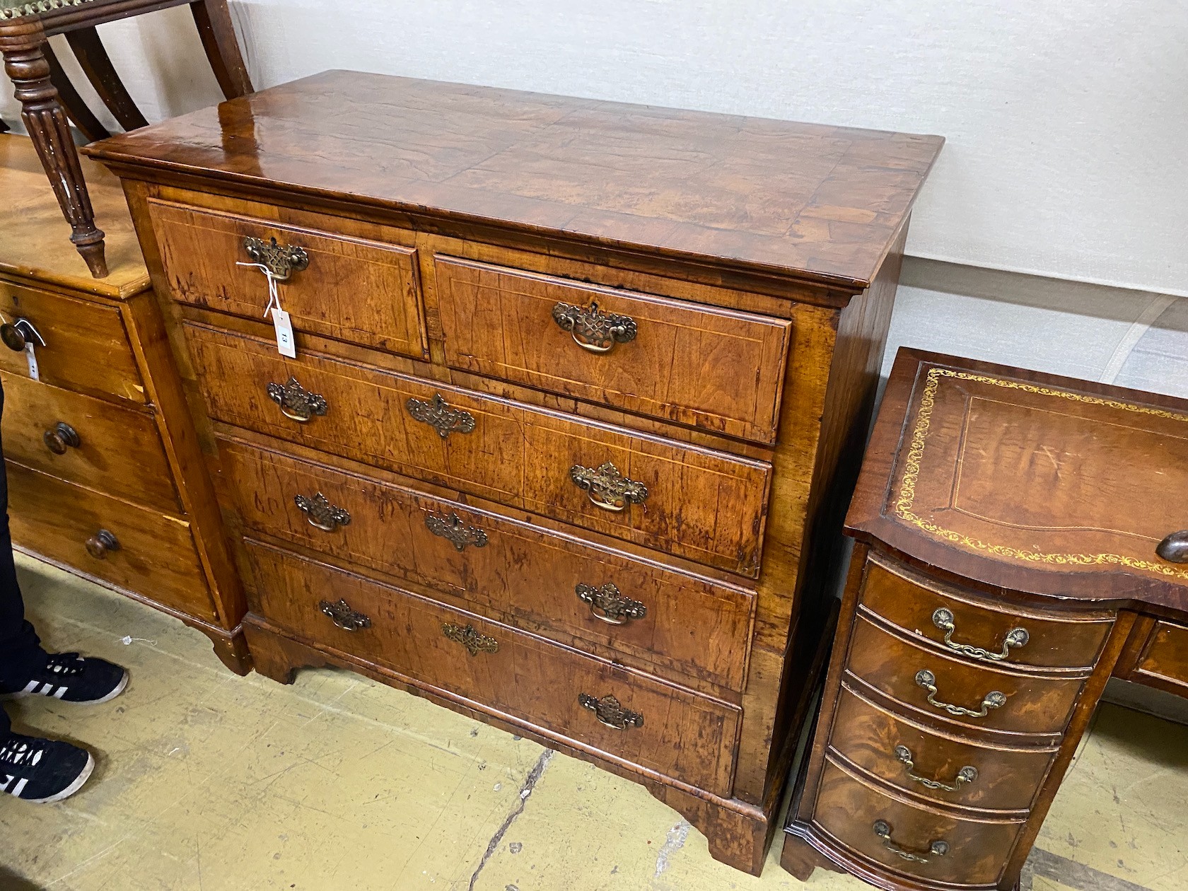 A late 18th century box wood strung walnut two part chest of drawers, width 110cm, depth 56cm, height 109cm